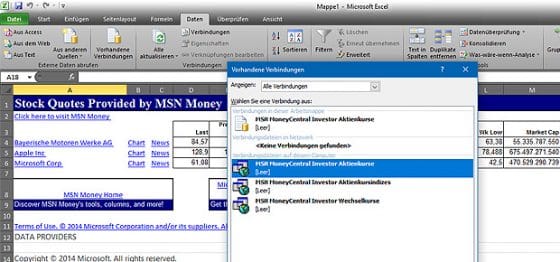 Aktienkurse in Excel einfügen einbetten 2017