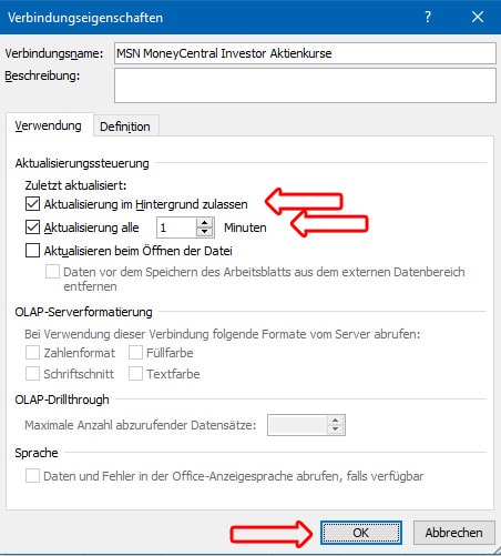 Aktienkurse in Excel automatisch aktualisieren Einstellungen Menü Häkchen Zeit einstellen