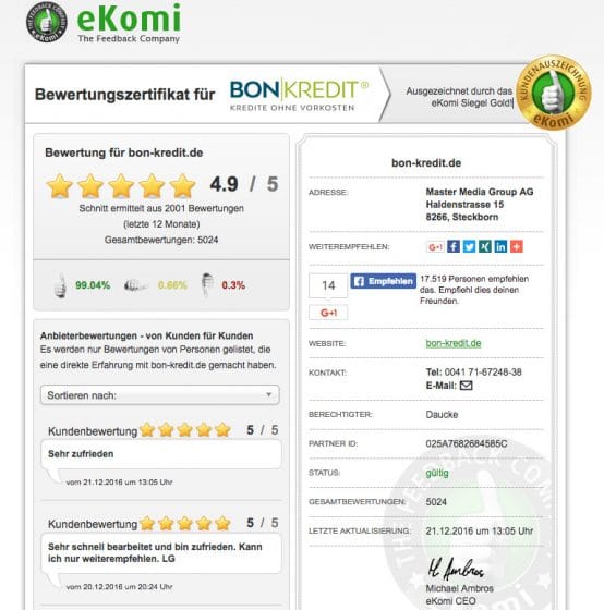 Die aktuelle Kundenbewertung beim Banking-Check von eKomi; Quelle: Bon-Kredit