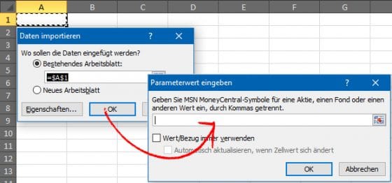 Parameter der Aktien in Excel einfügen, um Aktienkurse in Exceltabelle anzeigen lassen